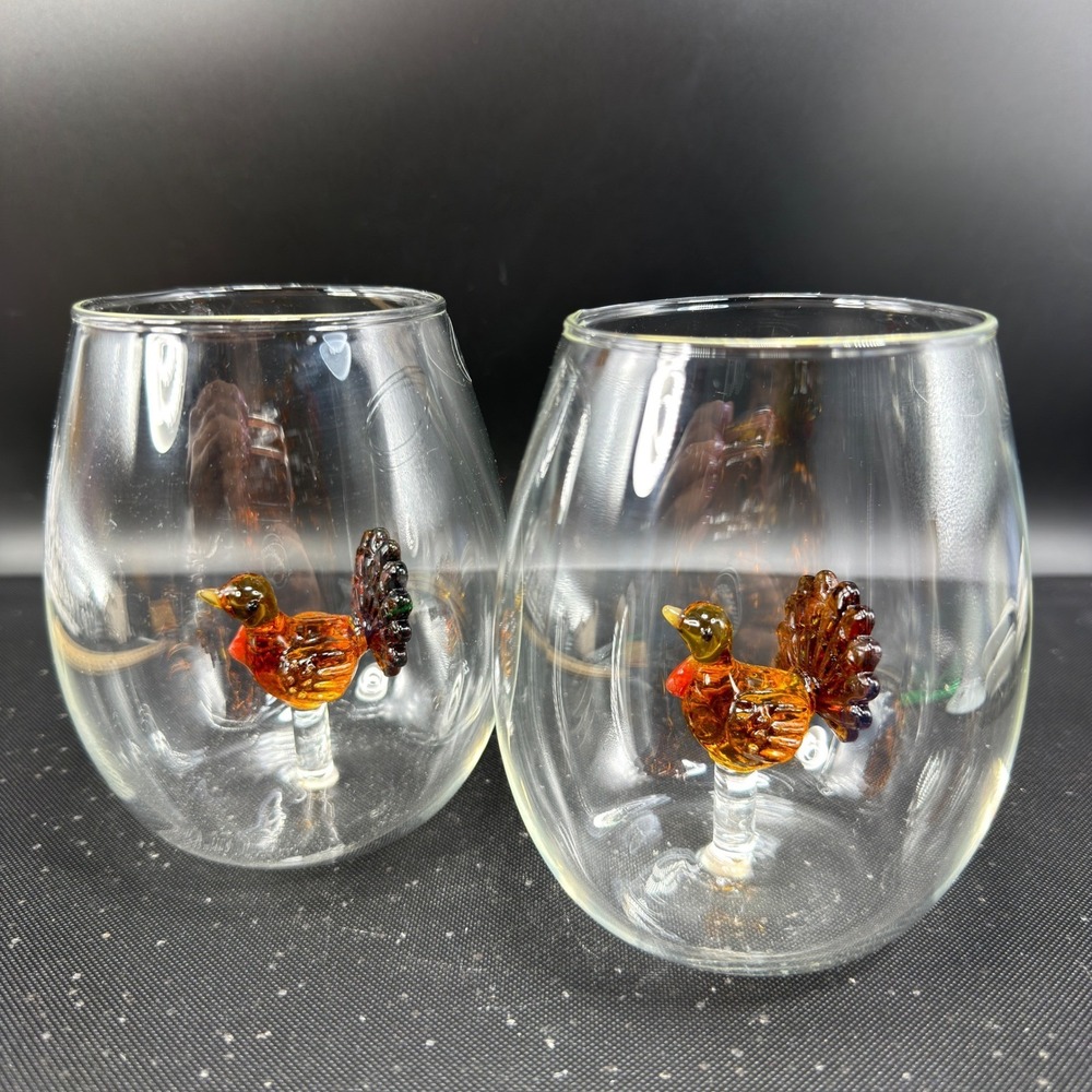 Crate and Barrel Turkey Stemless Wine Glasses Set of 2 Thanksgiving Glassware - Picture 10 of 10